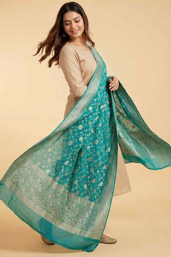 Banarasi pure khaddi georgette silk dupatta in green colour with zari work