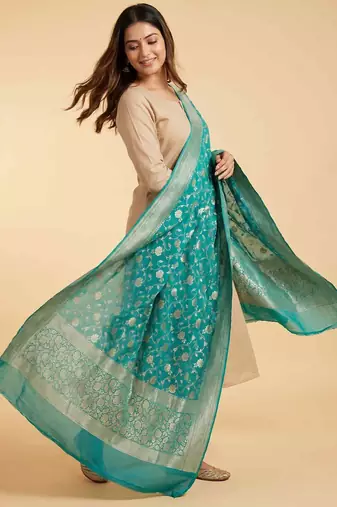 Banarasi pure khaddi georgette silk dupatta in green colour with zari work