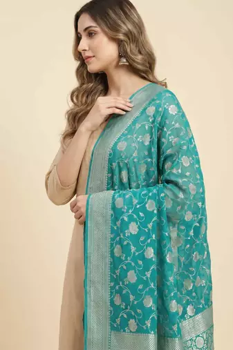 Banarasi pure khaddi georgette silk dupatta in green colour with zari work