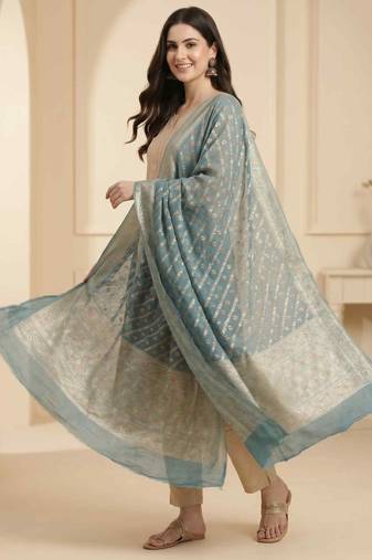 Banarasi pure khaddi georgette silk dupatta in sea green colour with minakari work
