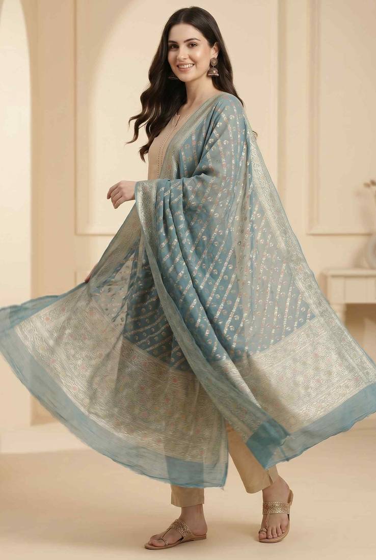 Banarasi pure khaddi georgette silk dupatta in sea green colour with minakari work