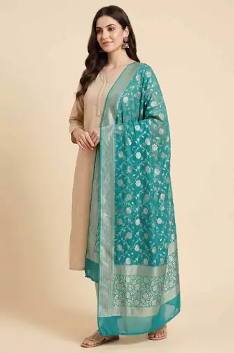 Banarasi pure khaddi georgette silk dupatta in green colour with zari work