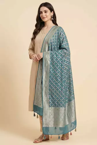 Banarasi pure khaddi georgette silk dupatta in sea green colour with minakari work