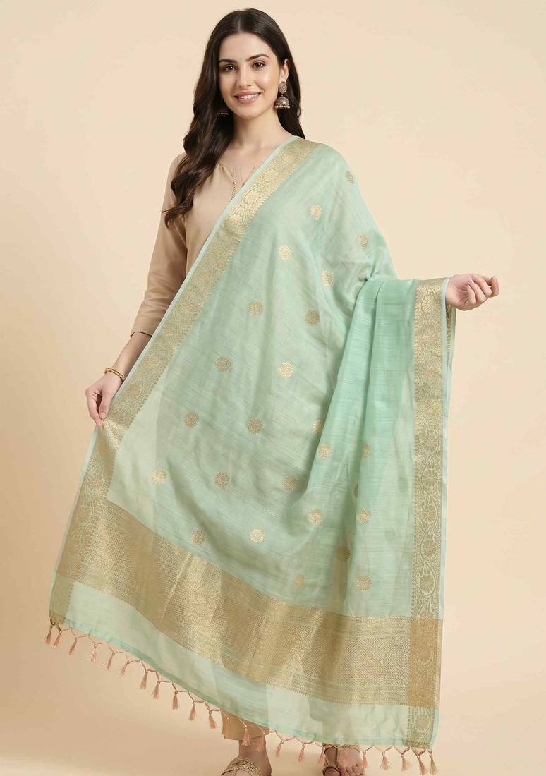 Banarasi pure munga silk dupatta in seagreen colour with zari work