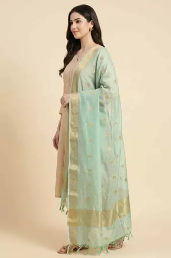 Banarasi pure munga silk dupatta in seagreen colour with zari work
