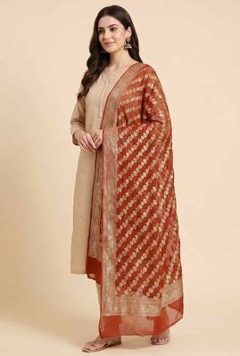 Banarasi pure khaddi georgette silk dupatta in orange colour with zari work 1
