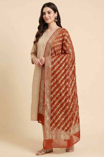 Banarasi pure khaddi georgette silk dupatta in orange colour with zari work
