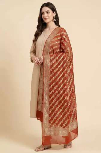 Banarasi pure khaddi georgette silk dupatta in orange colour with zari work