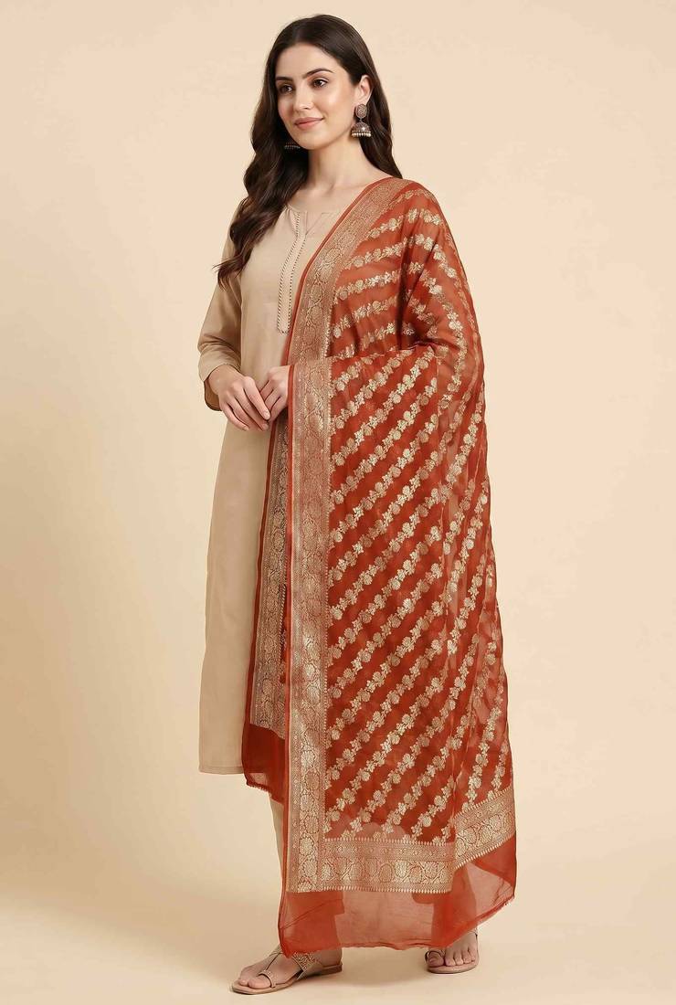 Banarasi pure khaddi georgette silk dupatta in orange colour with zari work