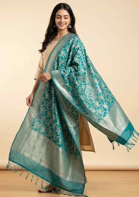 Banarasi kataan silk dupatta in green colour with floral minakari work 1