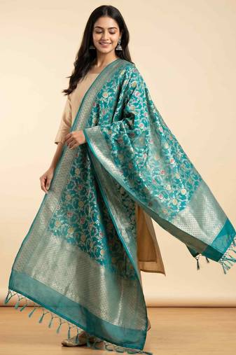 Banarasi kataan silk dupatta in green colour with floral minakari work