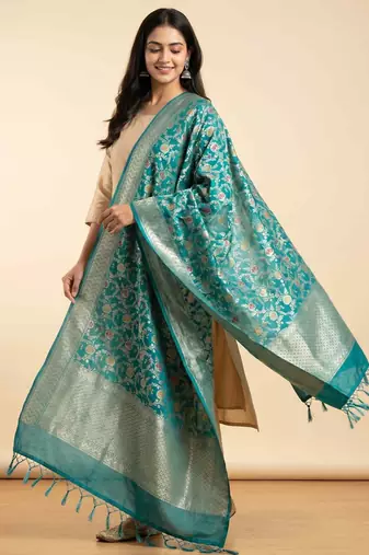 Banarasi kataan silk dupatta in green colour with floral minakari work