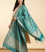Banarasi kataan silk dupatta in green colour with floral minakari work