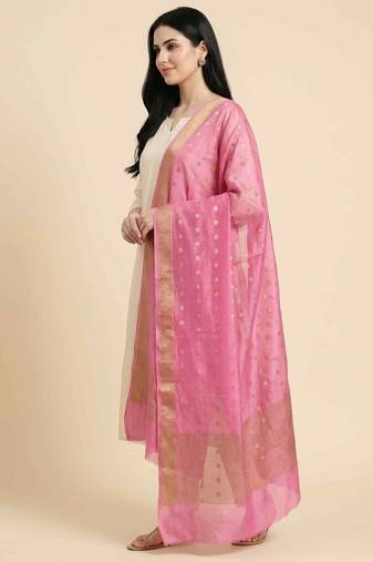 Banarasi cotton silk dupatta in pink colour with zari booti work
