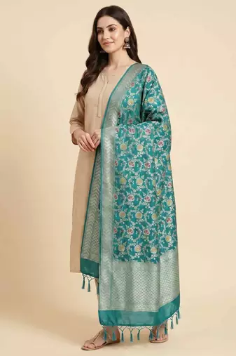 Banarasi kataan silk dupatta in green colour with floral minakari work