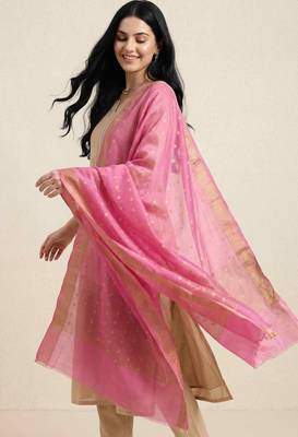 Banarasi cotton silk dupatta in pink colour with zari booti work 2