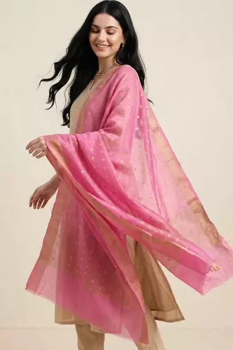 Banarasi cotton silk dupatta in pink colour with zari booti work