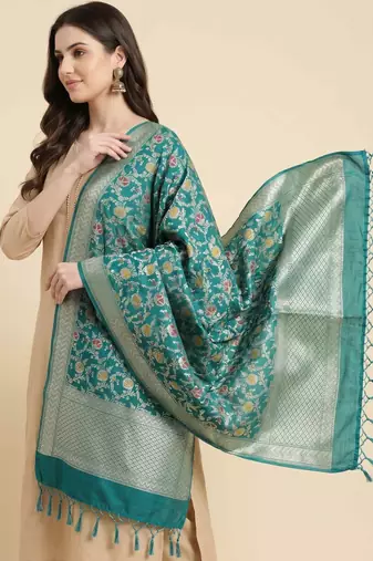 Banarasi kataan silk dupatta in green colour with floral minakari work