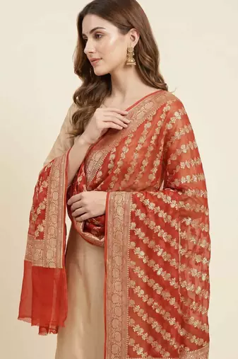 Banarasi pure khaddi georgette silk dupatta in orange colour with zari work