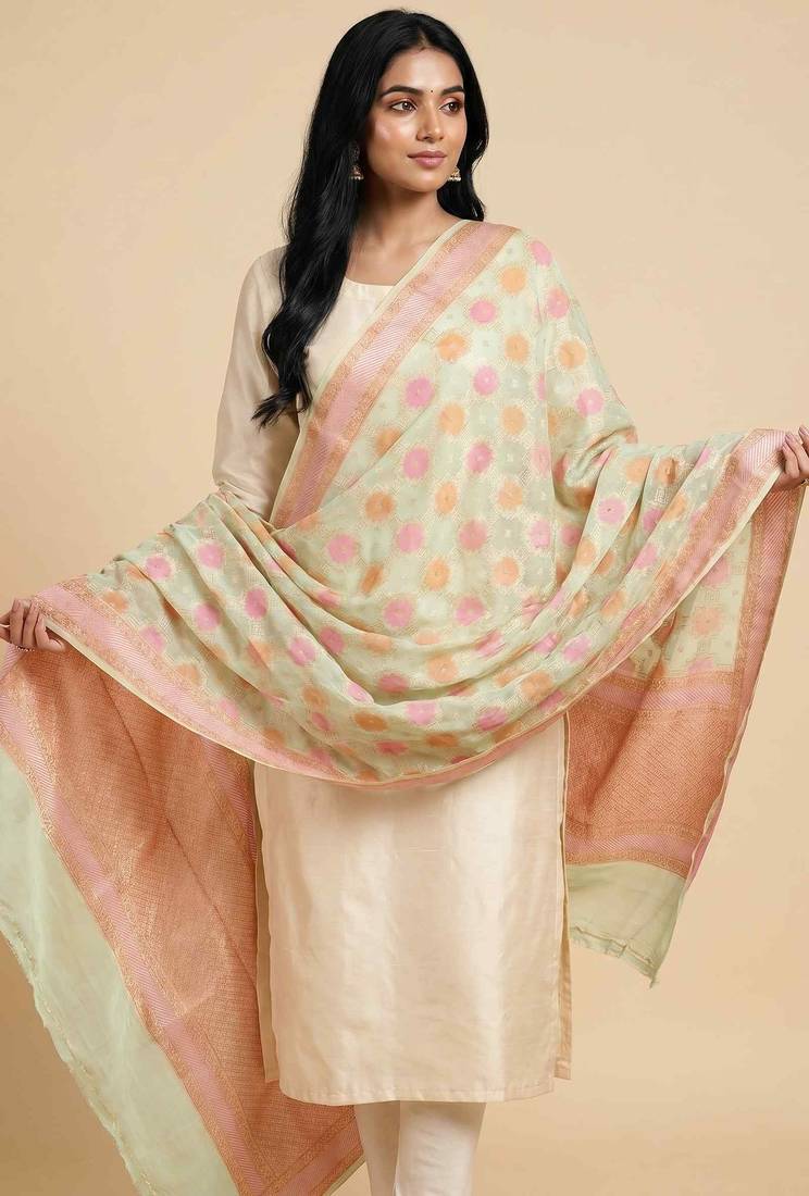 Banarasi pure khaddi georgette silk dupatta in yellow colour with zari work