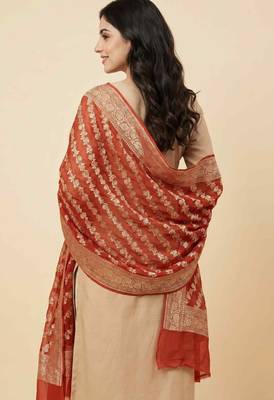 Banarasi pure khaddi georgette silk dupatta in orange colour with zari work 4