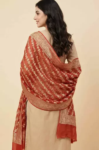 Banarasi pure khaddi georgette silk dupatta in orange colour with zari work
