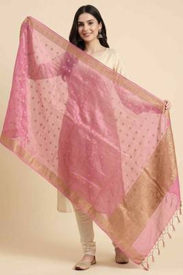 Banarasi cotton silk dupatta in pink colour with zari booti work 4