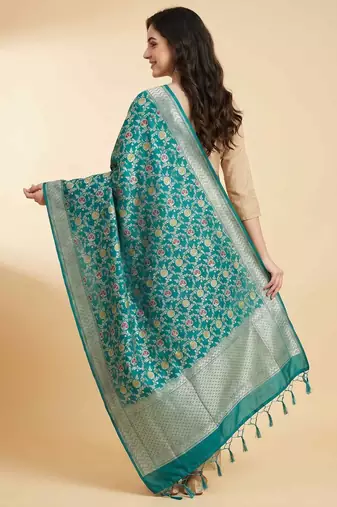 Banarasi kataan silk dupatta in green colour with floral minakari work