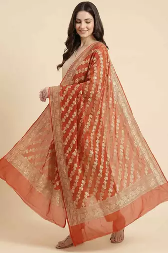 Banarasi pure khaddi georgette silk dupatta in orange colour with zari work