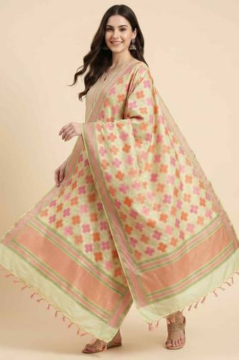 Banarasi pure khaddi georgette silk dupatta in yellow colour with zari work