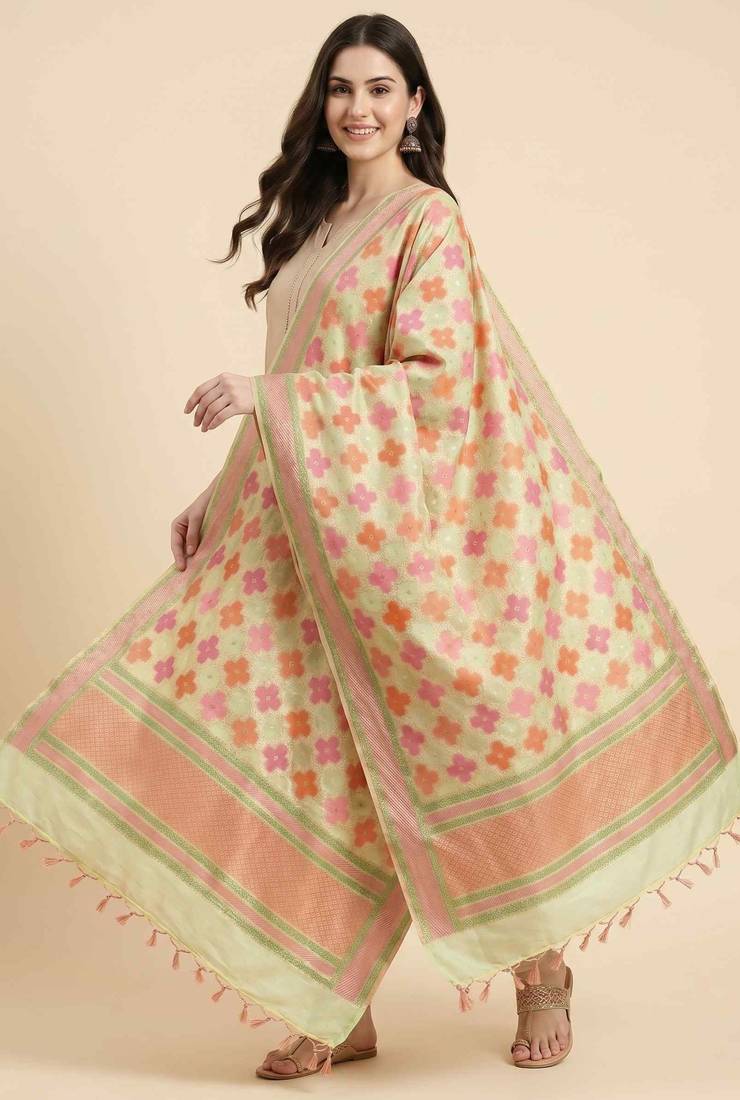 Banarasi pure khaddi georgette silk dupatta in yellow colour with zari work