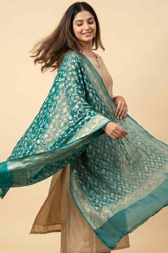 Banarasi pure khaddi georgette silk dupatta in green colour with zari work
