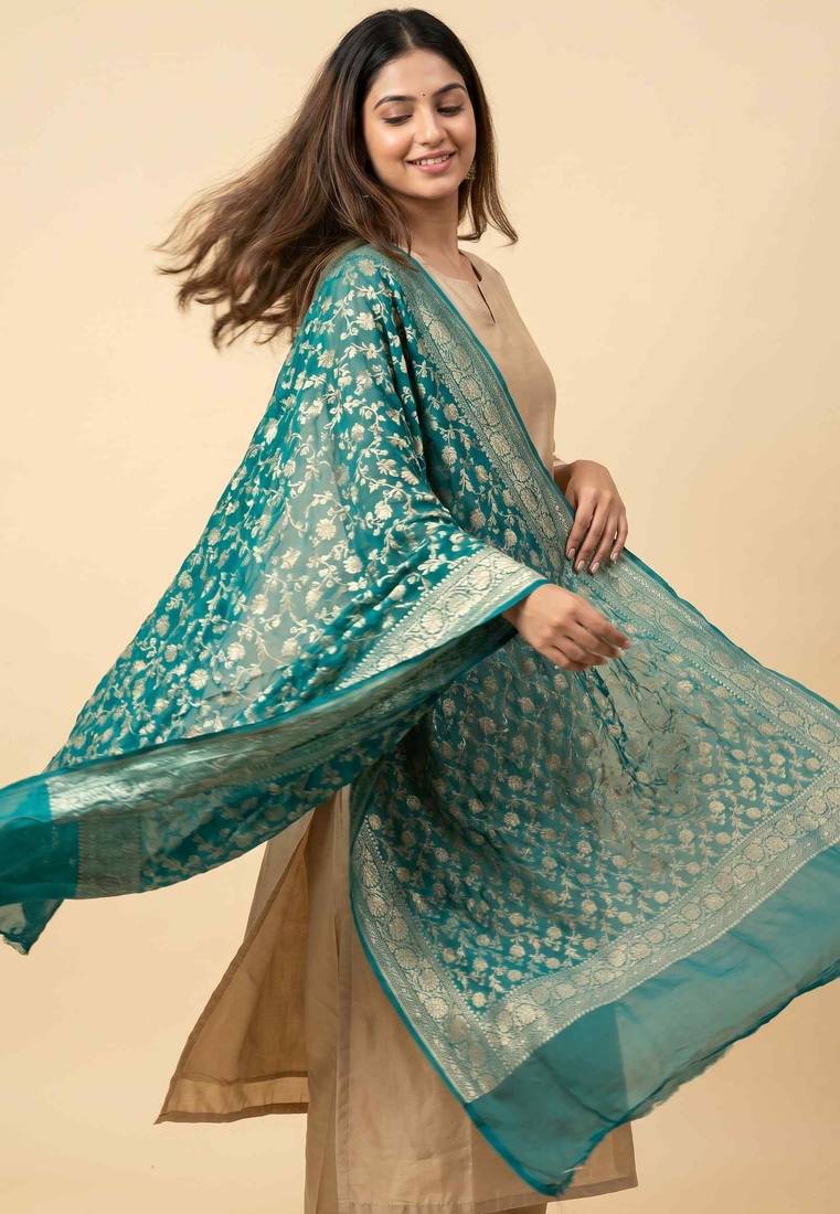 Banarasi pure khaddi georgette silk dupatta in green colour with zari work