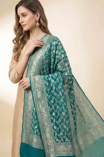 Banarasi pure khaddi georgette silk dupatta in green colour with zari work
