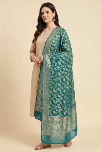 Banarasi pure khaddi georgette silk dupatta in green colour with zari work