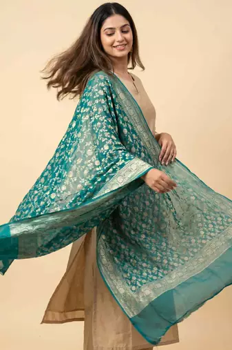 Banarasi pure khaddi georgette silk dupatta in green colour with zari work