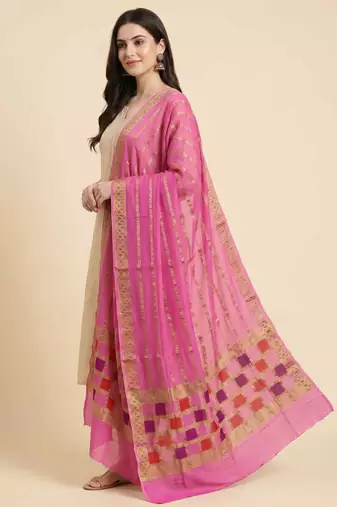 Banarasi pure munga silk dupatta in pink colour with zari work