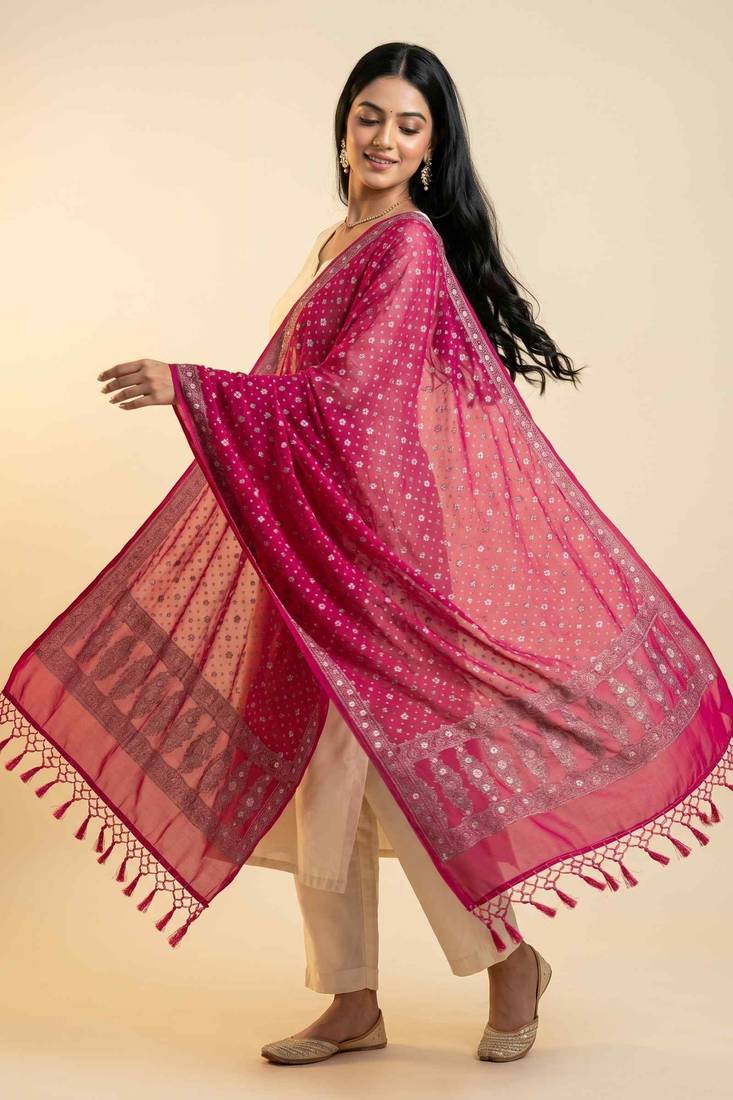 Banarasi pure chiffon silk dupatta in magenta colour with floral zari booti work