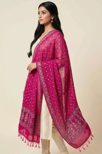 Banarasi pure chiffon silk dupatta in magenta colour with floral zari booti work