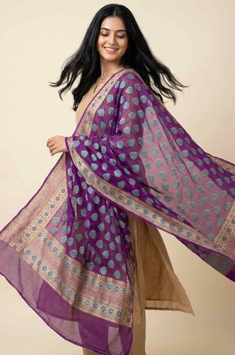 Banarasi pure chiffon silk dupatta in purple colour with floral work
