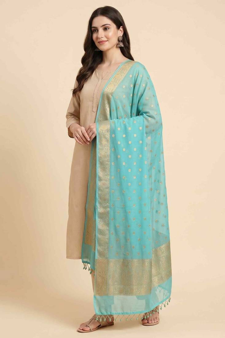 Banarasi pure chiffon silk dupatta in seagreen colour with zari work