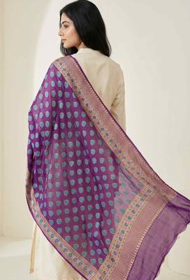 Banarasi pure chiffon silk dupatta in purple colour with floral work 2