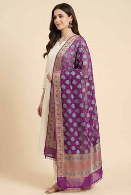 Banarasi pure chiffon silk dupatta in purple colour with floral work 3