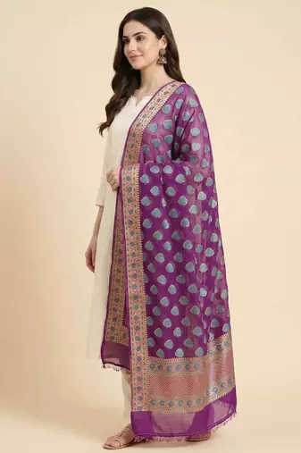 Banarasi pure chiffon silk dupatta in purple colour with floral work