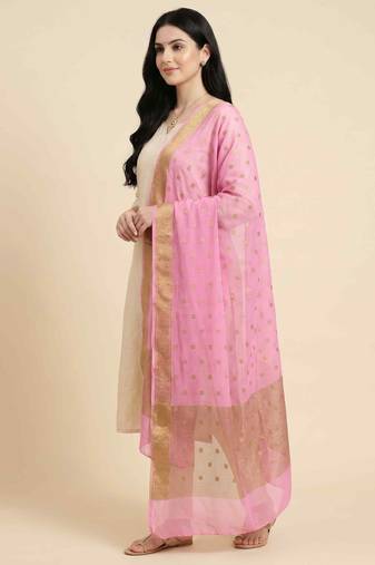Banarasi pure chiffon silk dupatta in pink colour with zari booti work