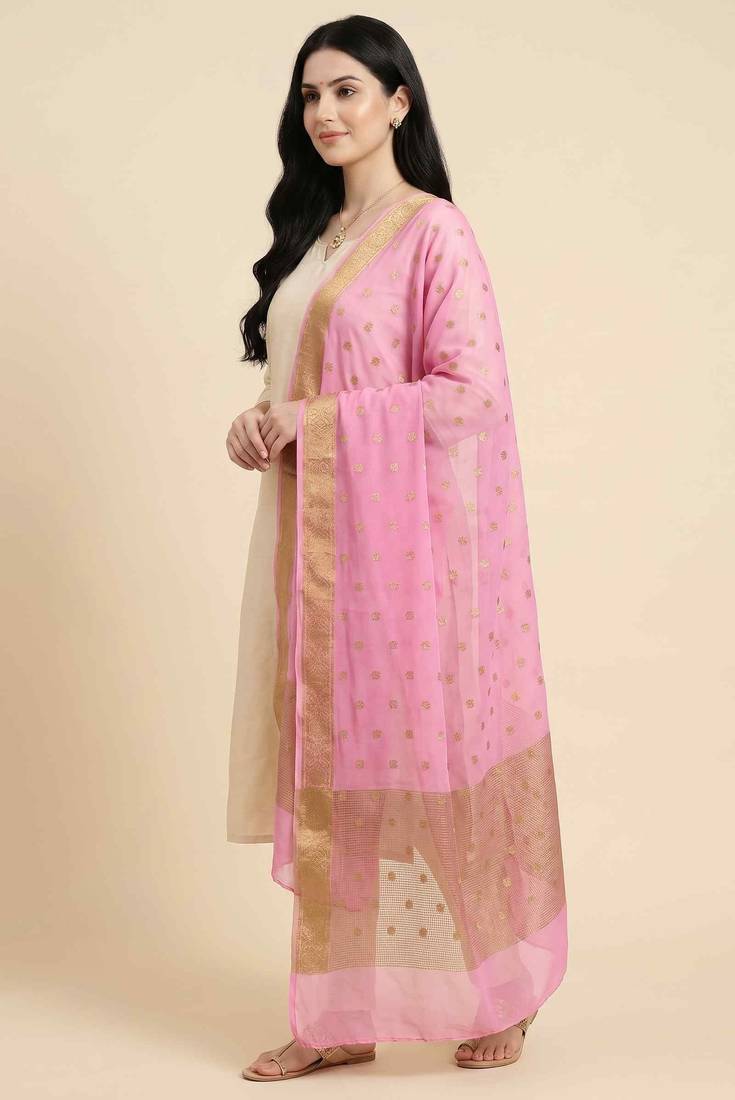 Banarasi pure chiffon silk dupatta in pink colour with zari booti work