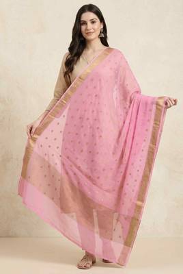 Banarasi pure chiffon silk dupatta in pink colour with zari booti work 2