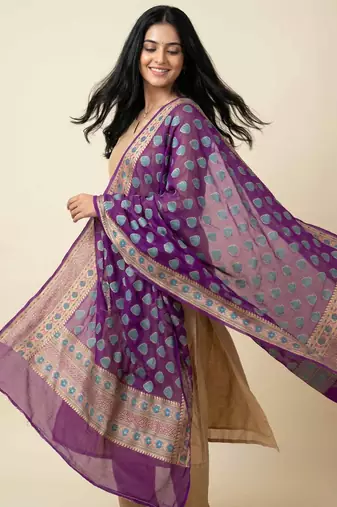 Banarasi pure chiffon silk dupatta in purple colour with floral work