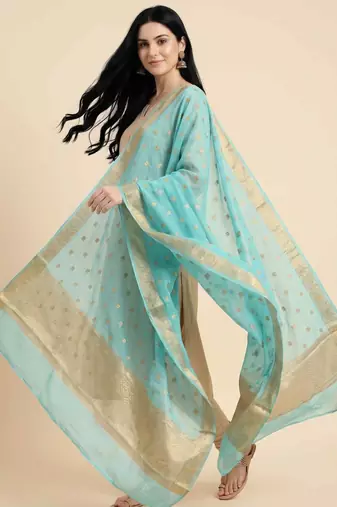 Banarasi pure chiffon silk dupatta in seagreen colour with zari work