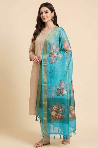 Banarasi pure chiffon silk dupatta in skyblue colour with floral digital print  work